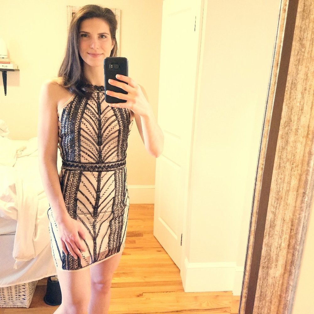 Tan/black beaded mini dress